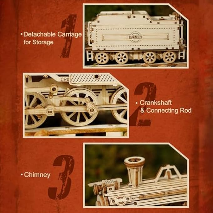 3D WOODEN PUZZLE-MECHANICAL CAR MODEL-SELF BUILDING VEHICLE KITS-BRAIN TEASER TOYS-BEST GIFT FOR ADULTS AND KIDS ON BIRTHDAY/CHRISTMAS DAY (PRIME STEAM EXPRESS)(WITH CARRIAGE) - Image 3